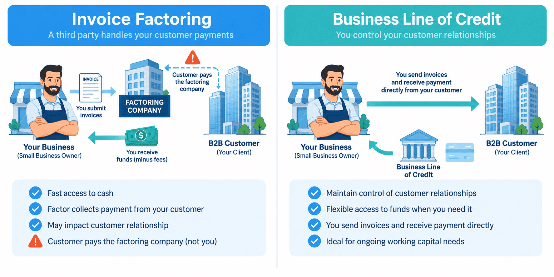 Conceptual graphic comparing the customer relationship impact of invoice factoring versus a business line of credit