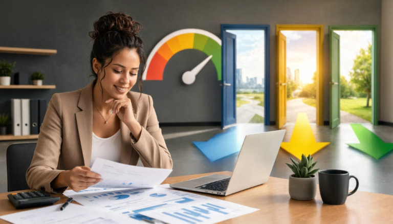 Loans for Bad Credit - Woman looking over a loan application with a Credit Score graphic overlayed in the background