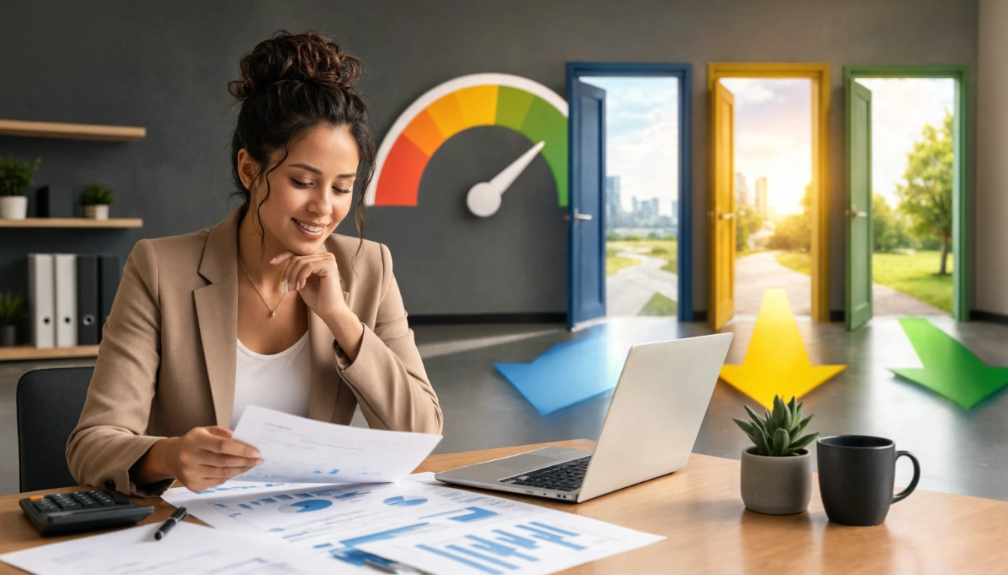 Loans for Bad Credit - Woman looking over a loan application with a Credit Score graphic overlayed in the background