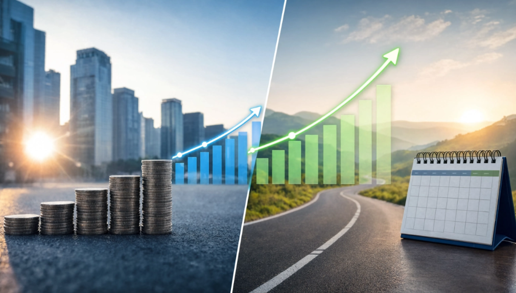 Short vs Long Term Business Loans split image infographic with increasing stacks of pennies on the left and a calendar on the right