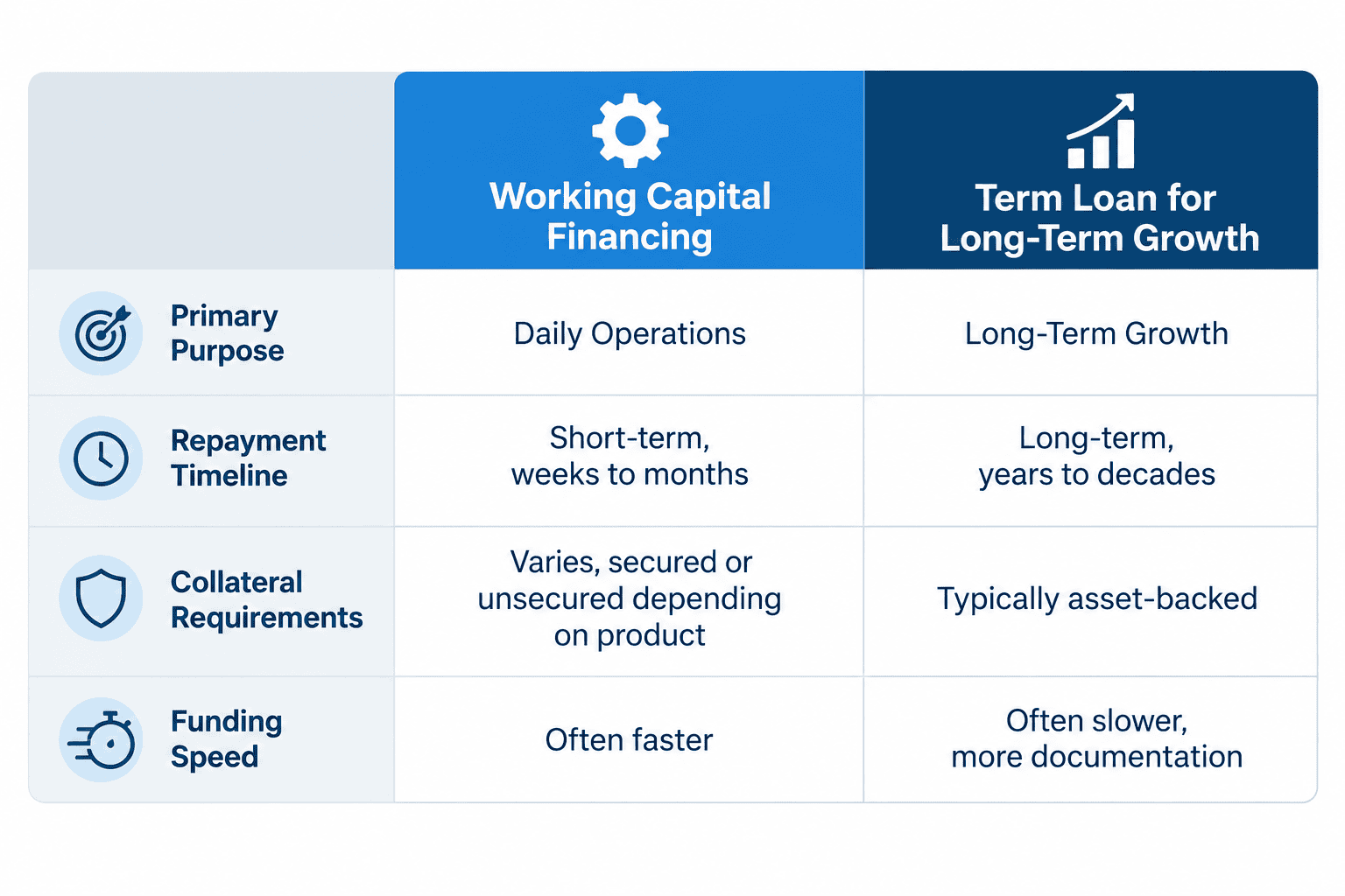 Comparison table contrasting working capital financing with a term loan for long-term growth across purpose, timeline, collateral, and speed